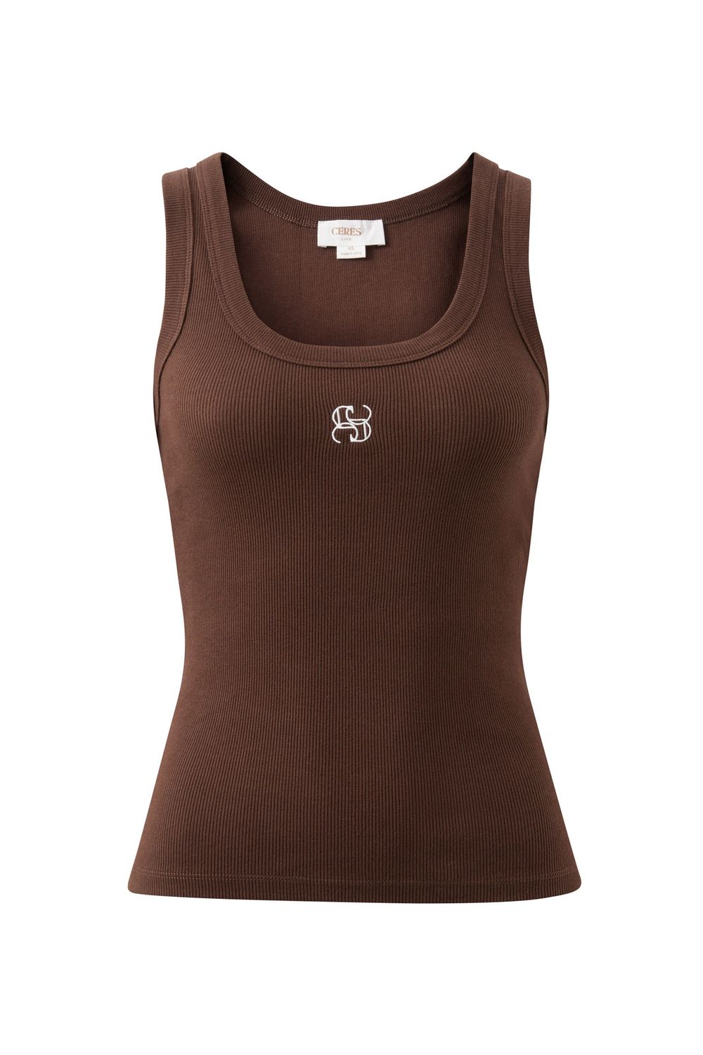 Zoe Contour Rib Scoop Tank - Chocolate/Monogram Embroidery, Size: Large