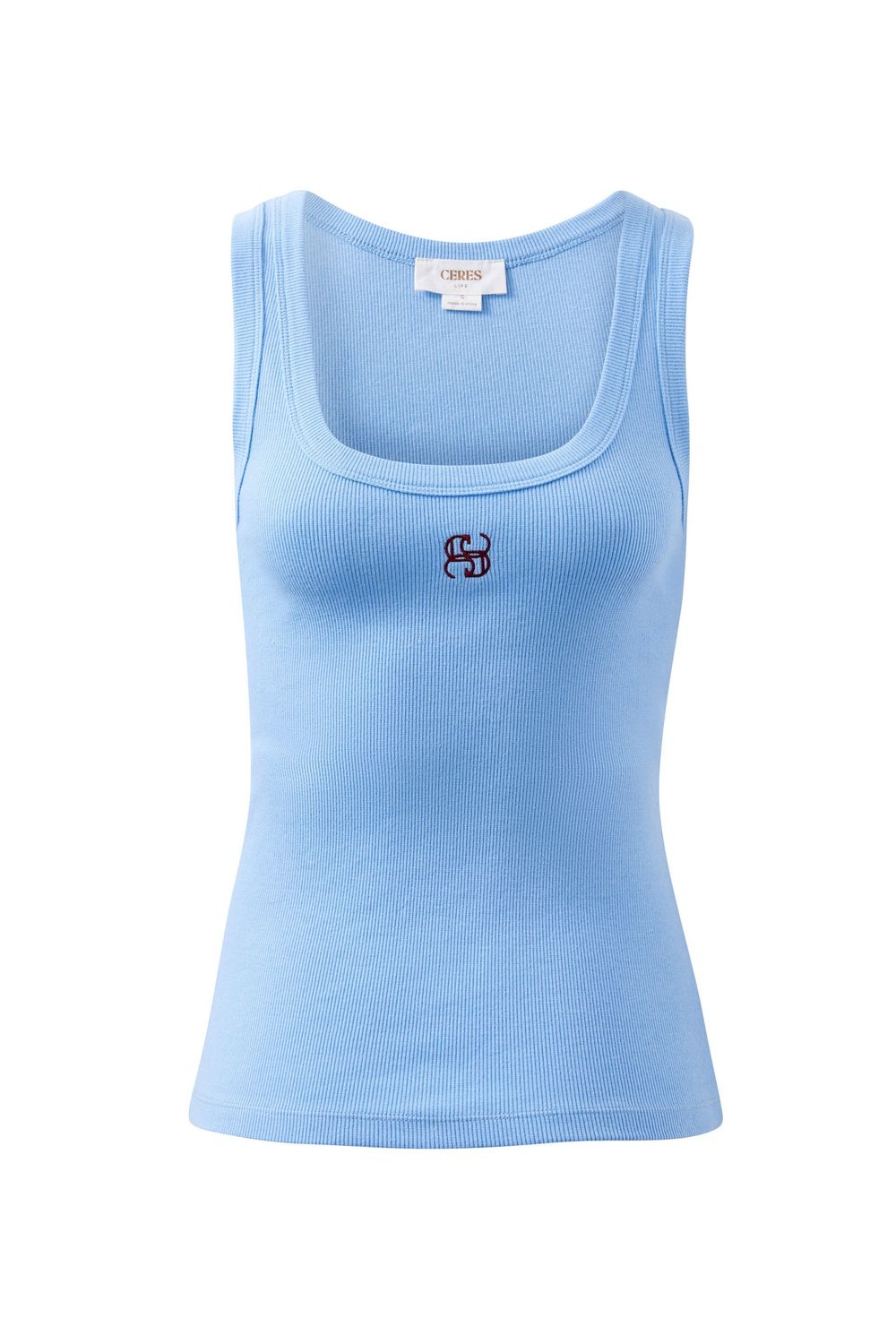 Zoe Contour Rib Scoop Tank - Powder Blue/ Monogram Embroidery, Size: X Small