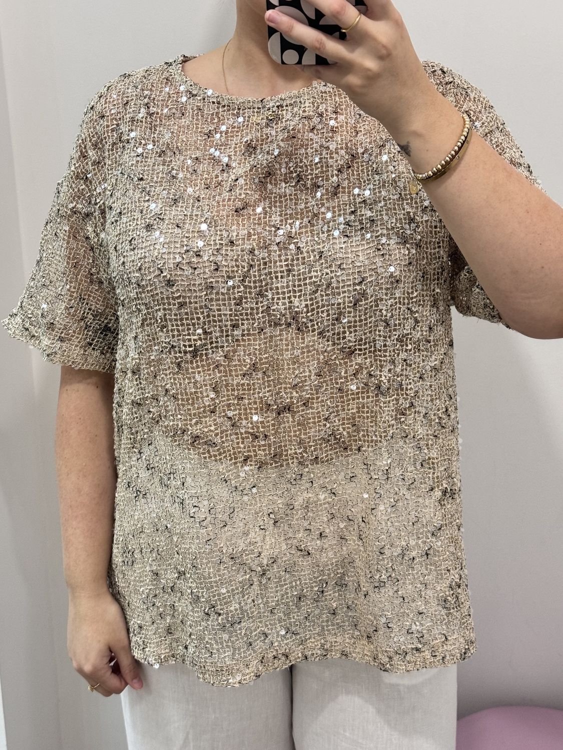Beige Sequins Knit Oversized T-Shirt, Size: X Small