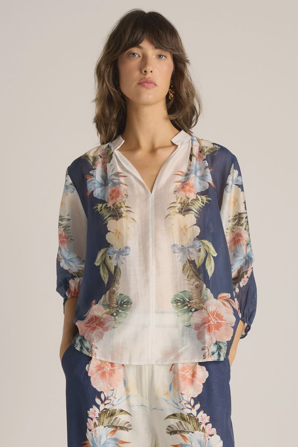 Solara Split Neck Blouse - Navy Print