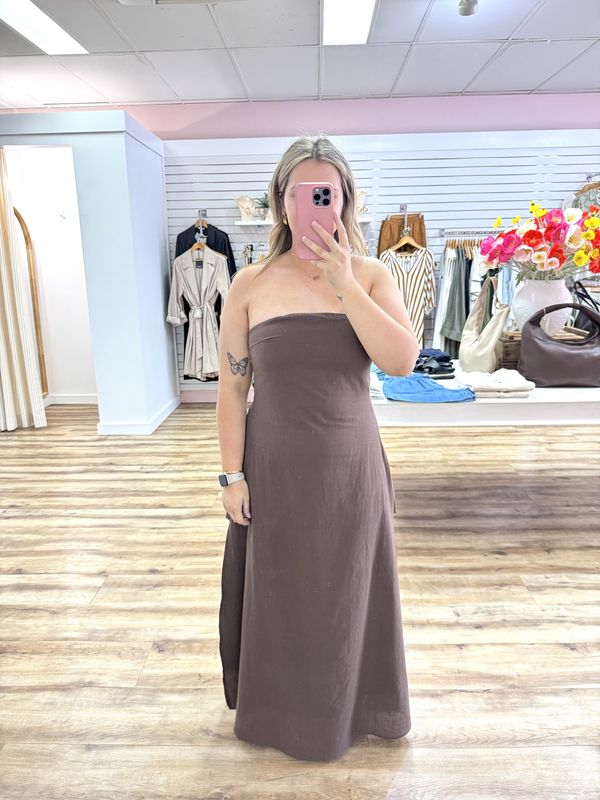 Brown Strapless Maxi Side Panel Dress