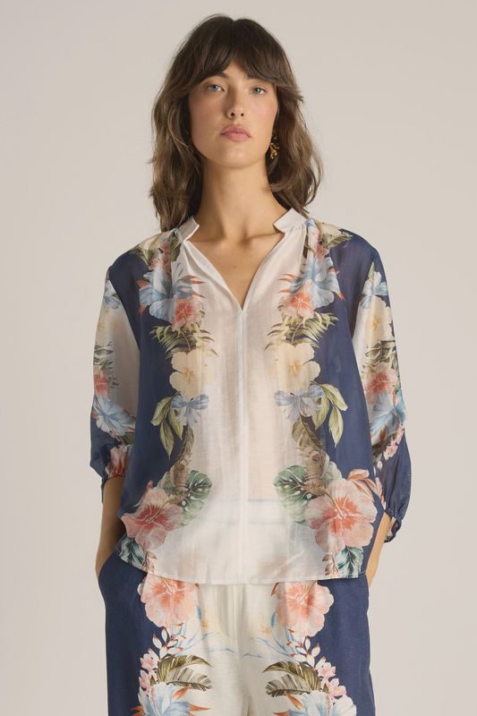 Solara Split Neck Blouse - Navy Print