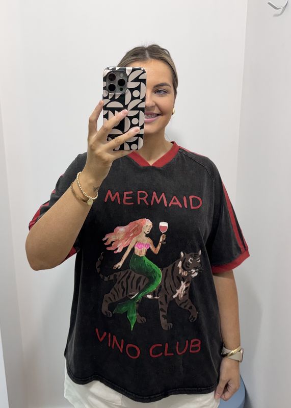 Black Acid Wash Mermaid Vino Club T-Shirt