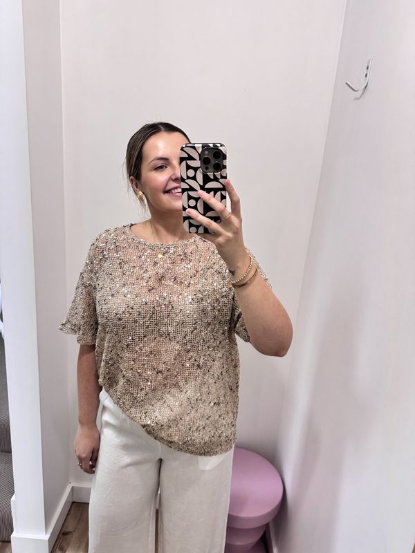 Beige Sequins Knit Oversized T-Shirt
