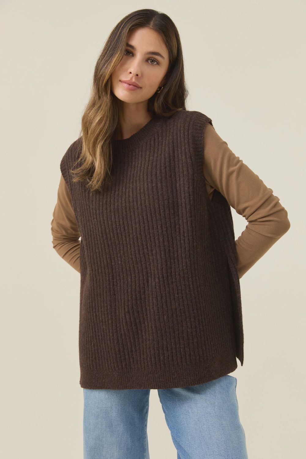 Miru Crew Knit Vest - Chocolate, Size: X Small