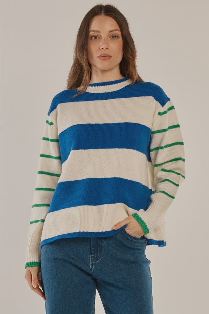 Camryn Knit Sweater - Blue/Green Stripe, Size: 8