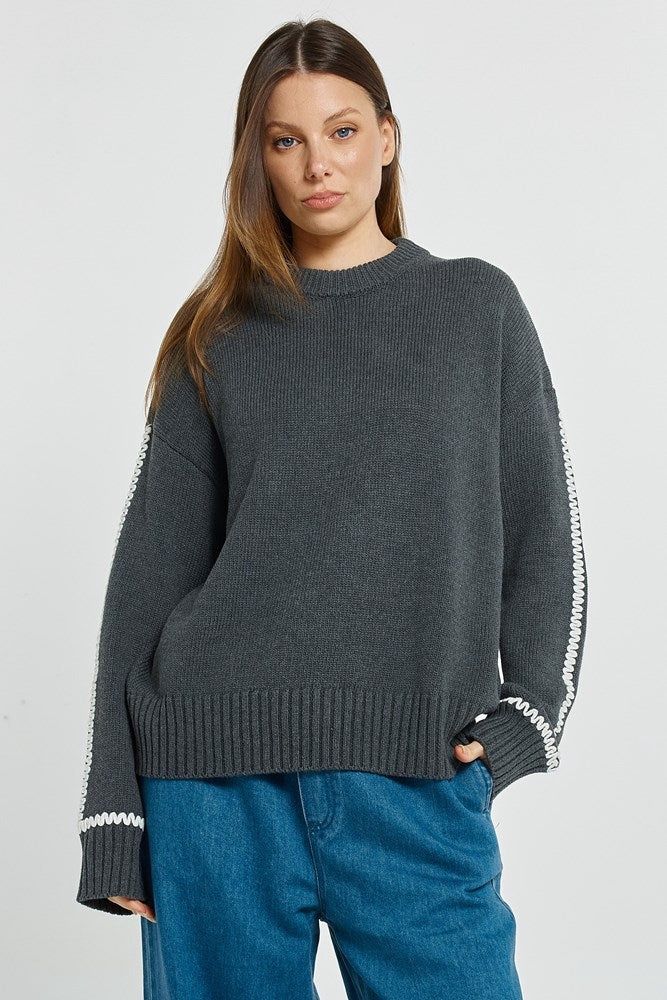 Contrast Stitch Sweater - Charcoal, Size: 10