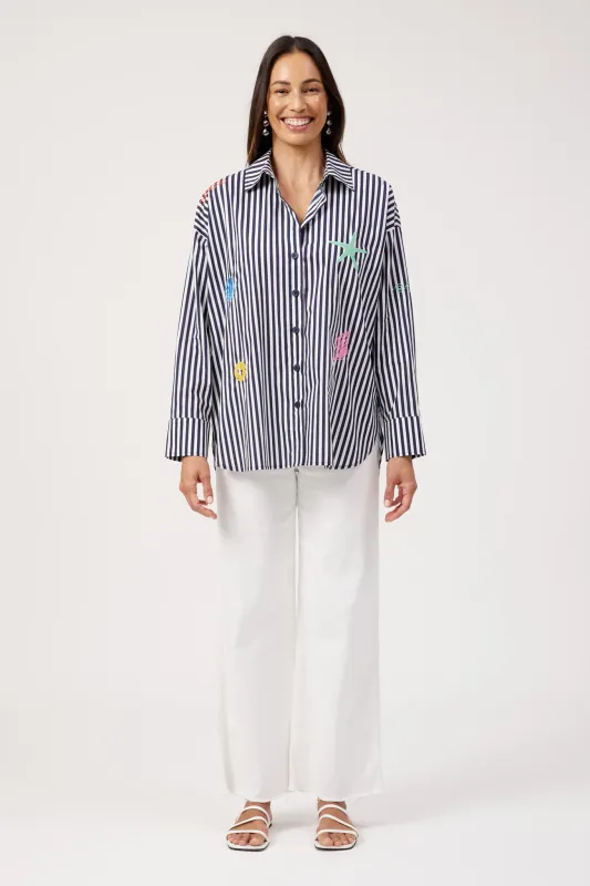 Mykonos Embroidered Stripe Shirt - Navy