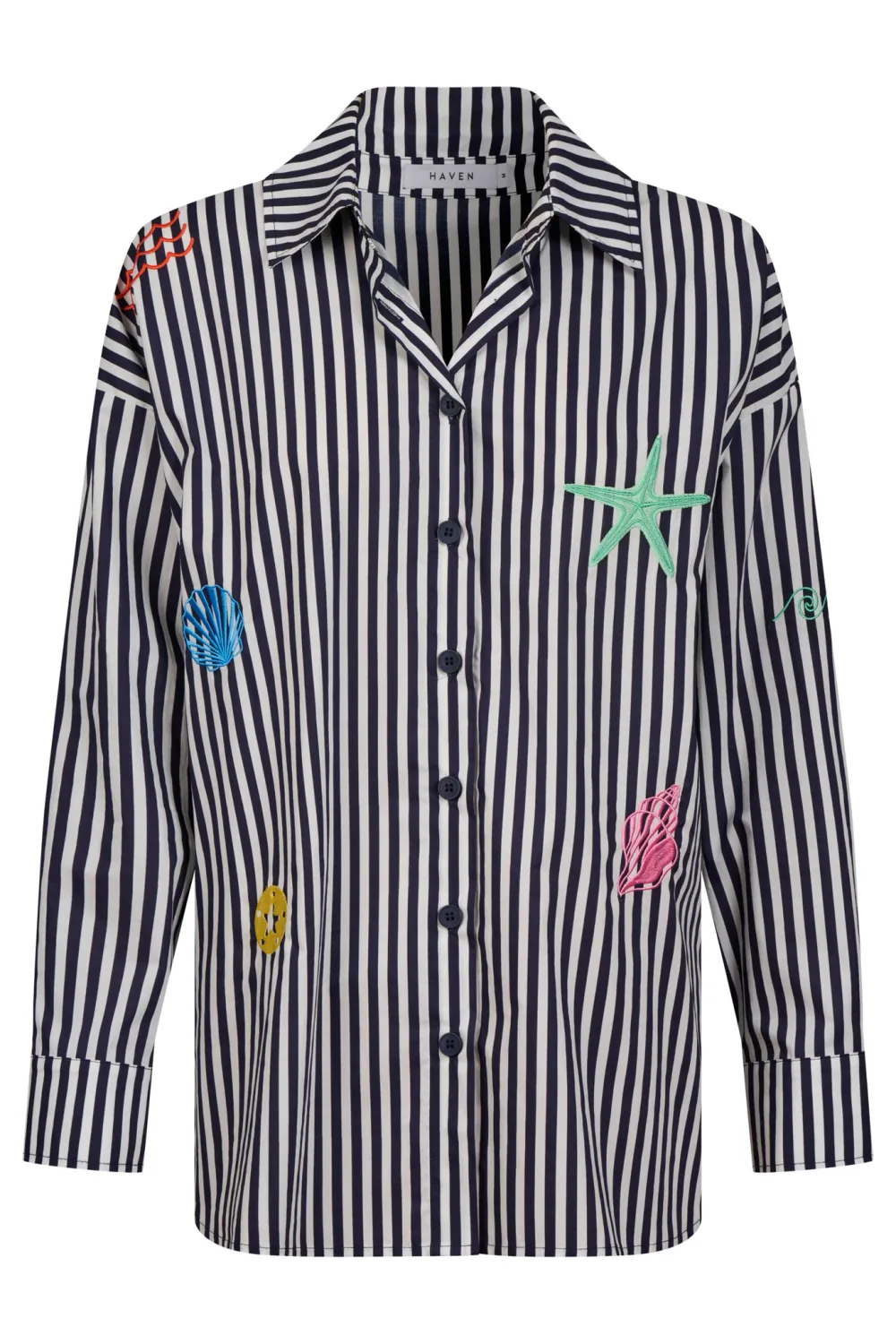 Mykonos Embroidered Stripe Shirt - Navy, Size: Medium