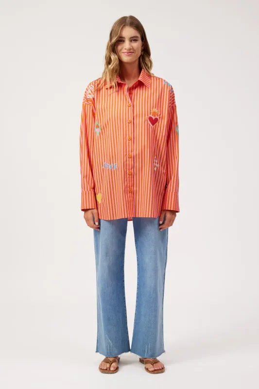 Mykonos Embroidered Stripe Shirt - Pink