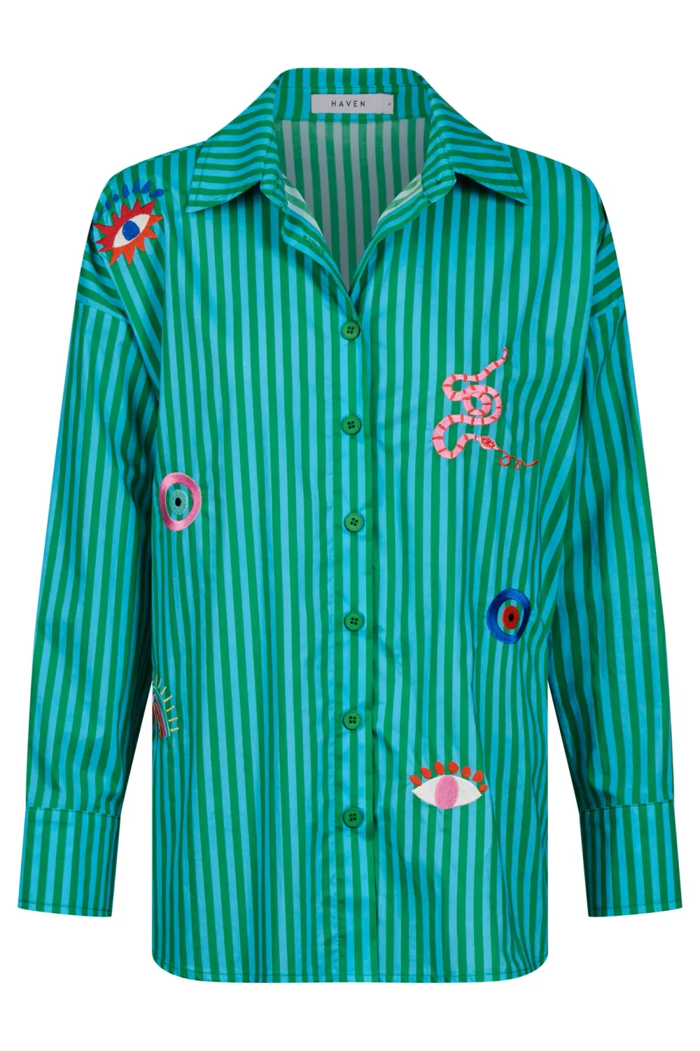 Mykonos Embroidered Stripe Shirt - Green, Size: Small