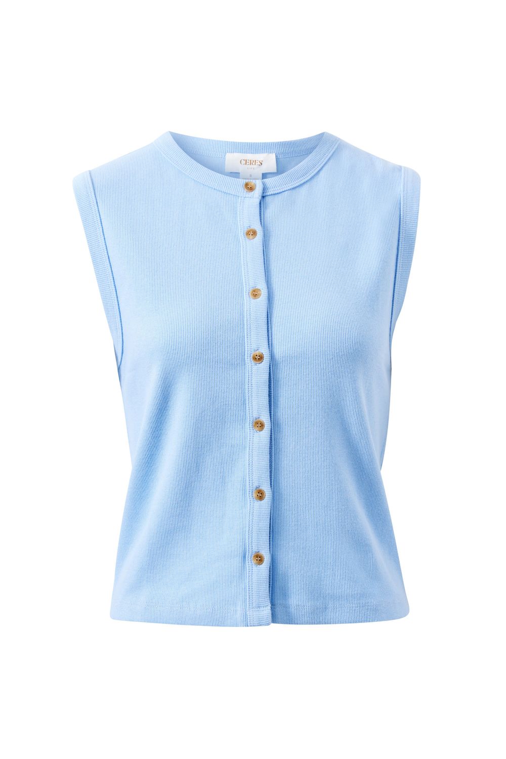 Lyla Button Through Rib Tank - Sky Blue, Size: X Small
