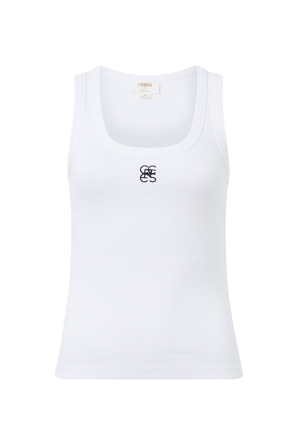 Zoe Contour Rib Scoop Tank - White/Black Monogram Embroidery, Size: X Small