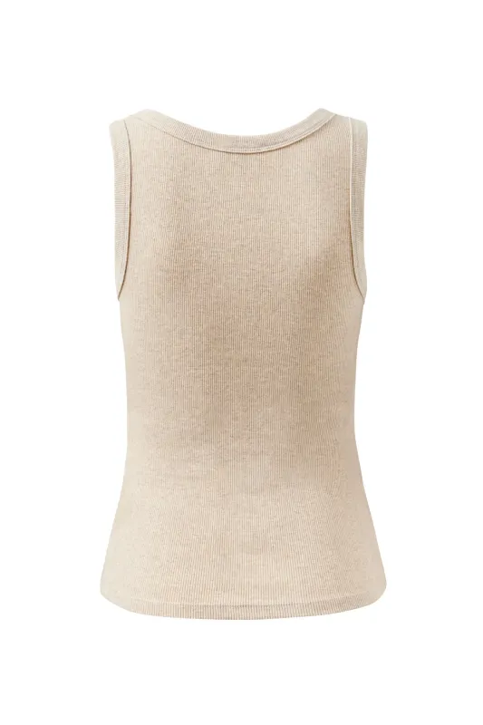 Zoe Contour Rib Scoop Tank - Oatmeal/Black Monogram Embroidery