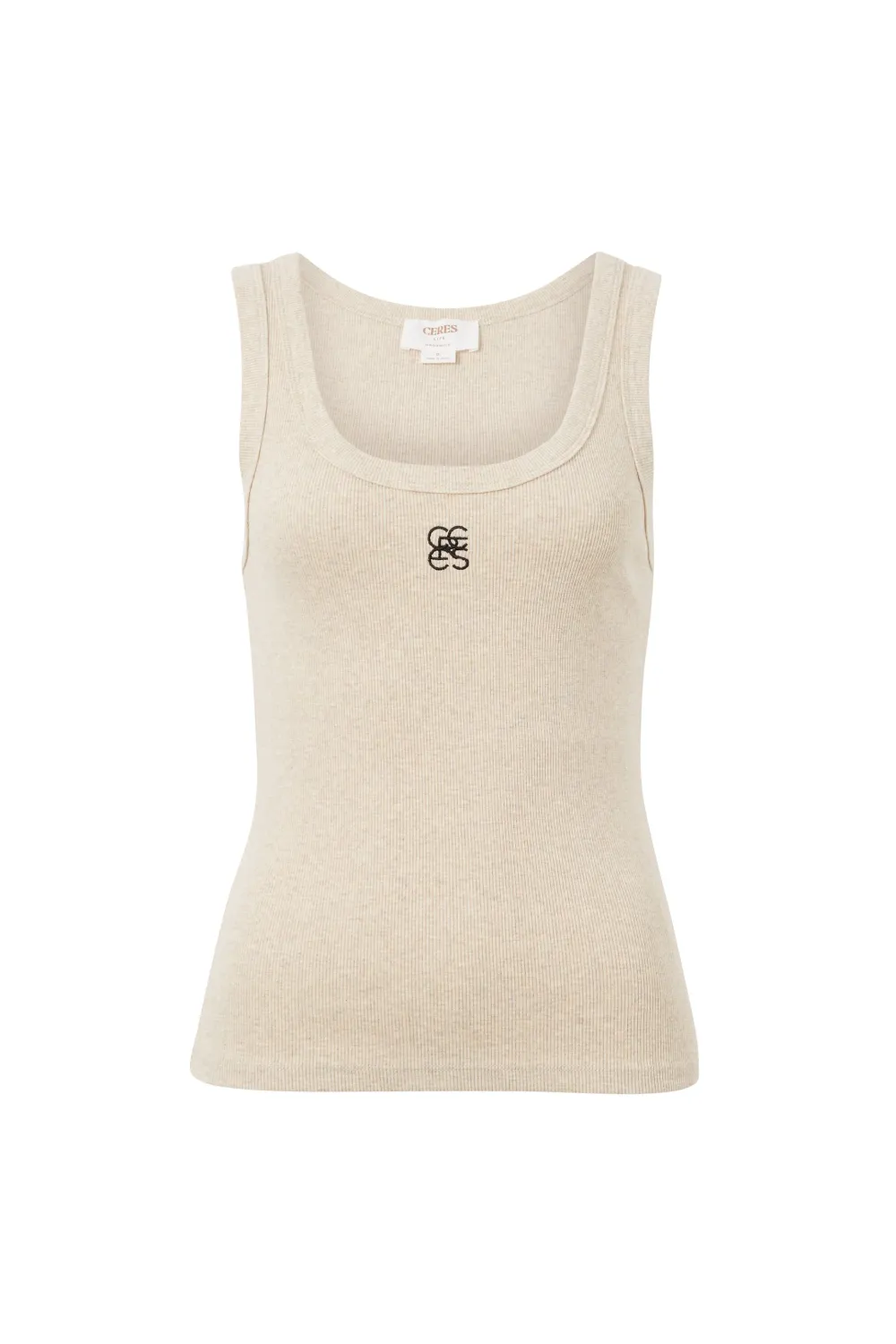 Zoe Contour Rib Scoop Tank - Oatmeal/Black Monogram Embroidery, Size: X Small