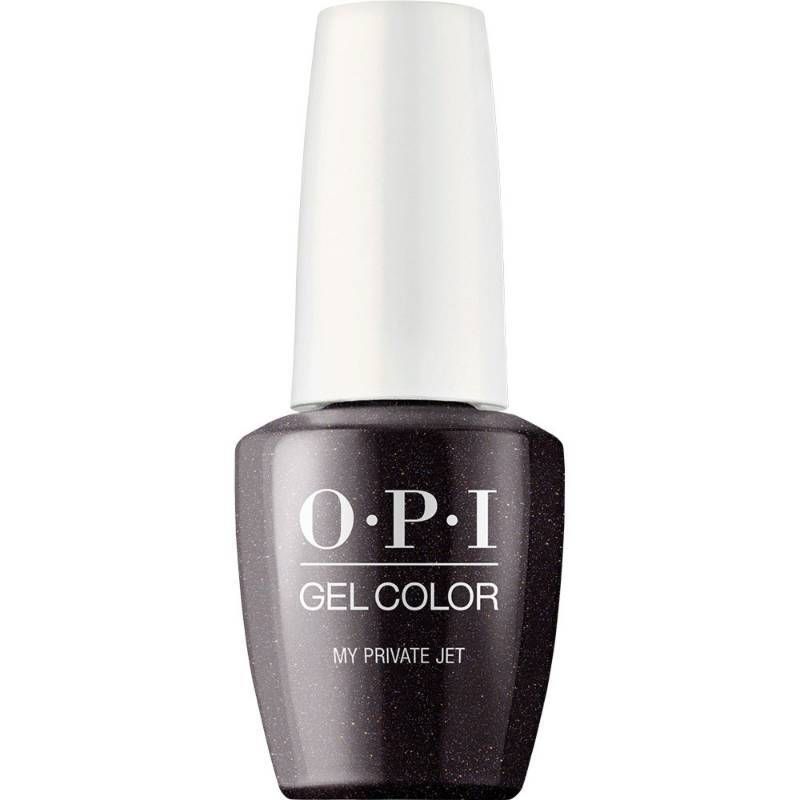 OPI My Private Jet brown gel polish with shimmer finish. Semi-permanent nail polish in a deep, luxurious brown shade with subtle shimmer. Perfect for an elegant and bold look.