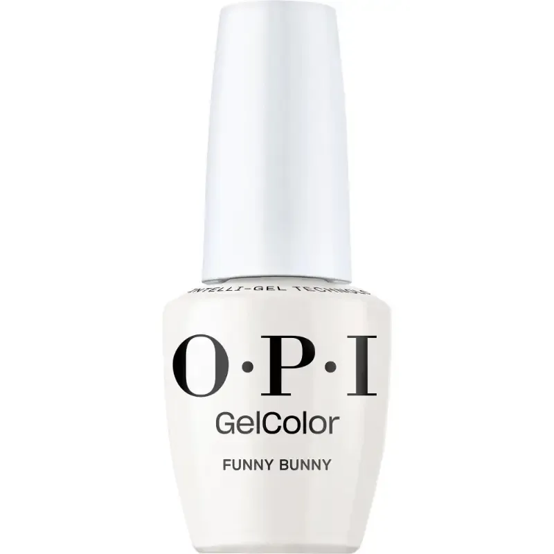 OPI Funny Bunny white gel polish with glossy finish. Semi-permanent nail polish in a fresh, sparkling white shade with long-lasting shine.