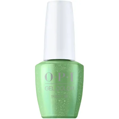 OPI Taurus-t Me vernis gel vert avec finition scintillante. Vernis semi-permanent dans une teinte verte vive avec des reflets scintillants, parfait pour un look audacieux et énergique.