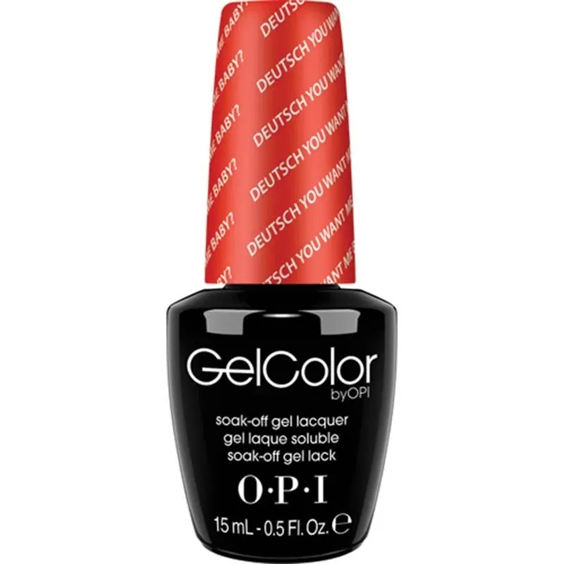 OPI Deutsch You Want Me Baby? orange gel polish with glossy finish. Semi-permanent nail polish in a warm orange shade with radiant shine, perfect for a bold and sophisticated look.