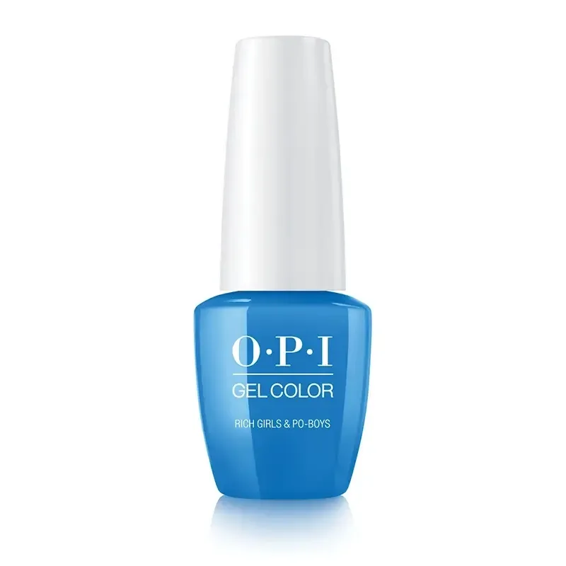 OPI Rich Girls & Po-Boys vernis gel bleu avec finition brillante. Une nuance de bleu captivante et fraîche pour une allure sophistiquée et soignée.