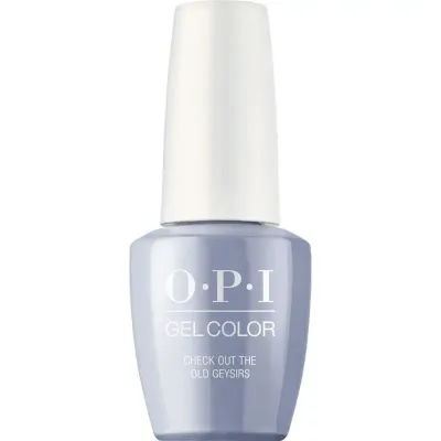 OPI Check Out the Old Geysirs blue gel polish with a glossy finish. Semi-permanent nail polish in a vibrant, fresh blue shade with a glossy finish, perfect for a modern and energetic nail look.