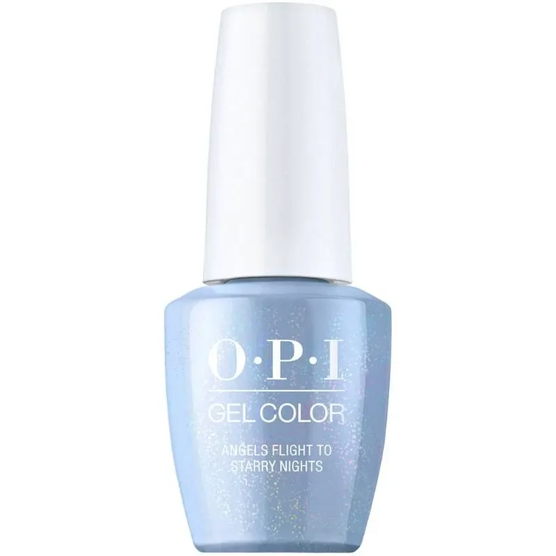 OPI Angel's Flight to Starry Nights blue gel polish with shimmer finish. Semi-permanent nail polish in a mesmerizing blue shade with sparkling shimmer. Perfect for a magical and festive look.