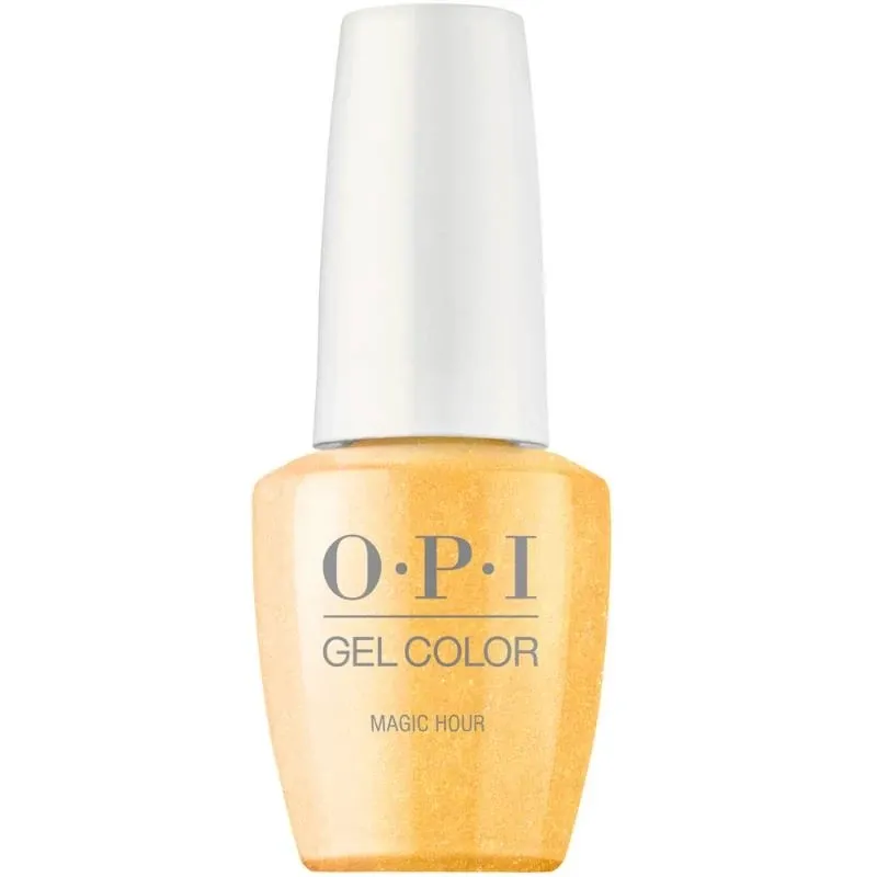 OPI gel polish Magic Hour, mesmerizing yellow color with a glitter finish, perfect gel polish for a warm and radiant look.