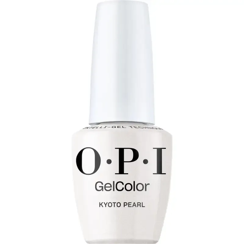 OPI Kyoto Pearl witte gellak met metallic afwerking. Een zachte parelmoerwitte tint met een prachtige metallic glans, perfect voor een stijlvolle en chique nagellook.