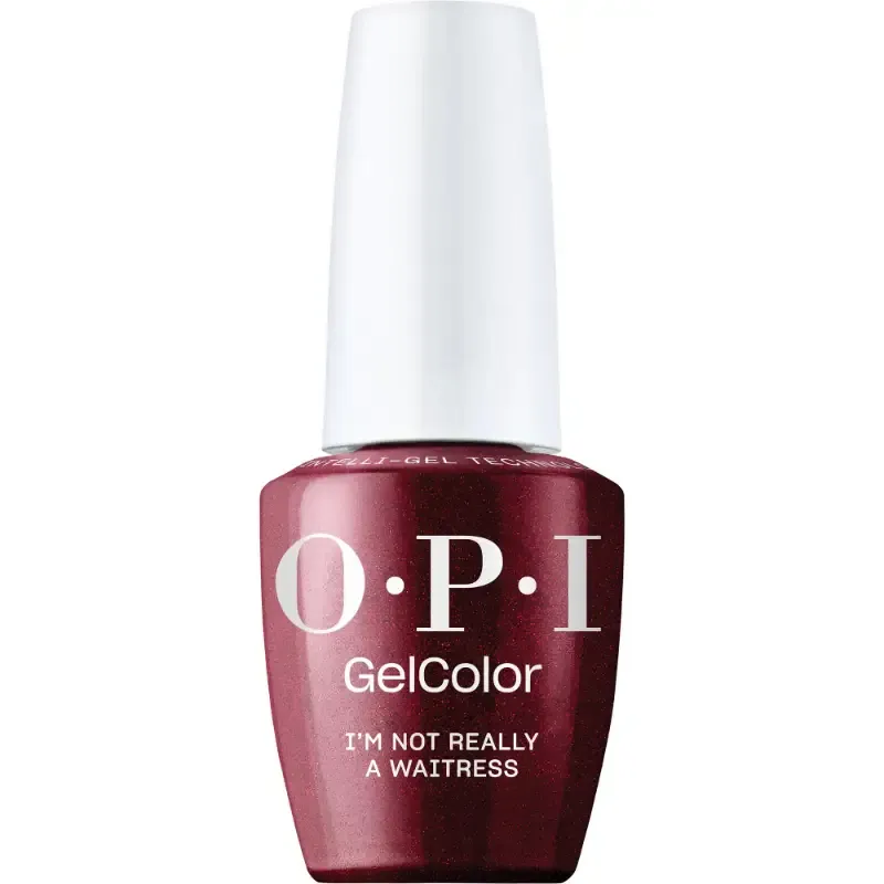 OPI I'm Not Really a Waitress vernis gel bordeaux avec finition scintillante. Vernis semi-permanent dans une teinte bordeaux profonde avec des reflets scintillants.