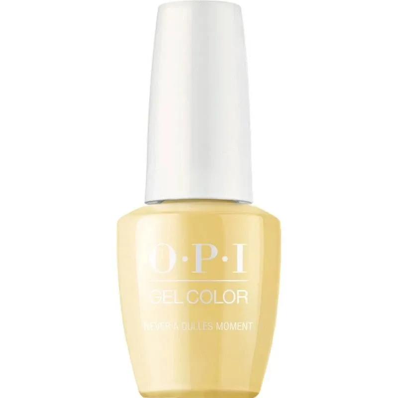 OPI gellak Never a Dulles Moment, levendige gele kleur met een glanzende afwerking, perfecte gellak voor een speelse en energieke uitstraling.