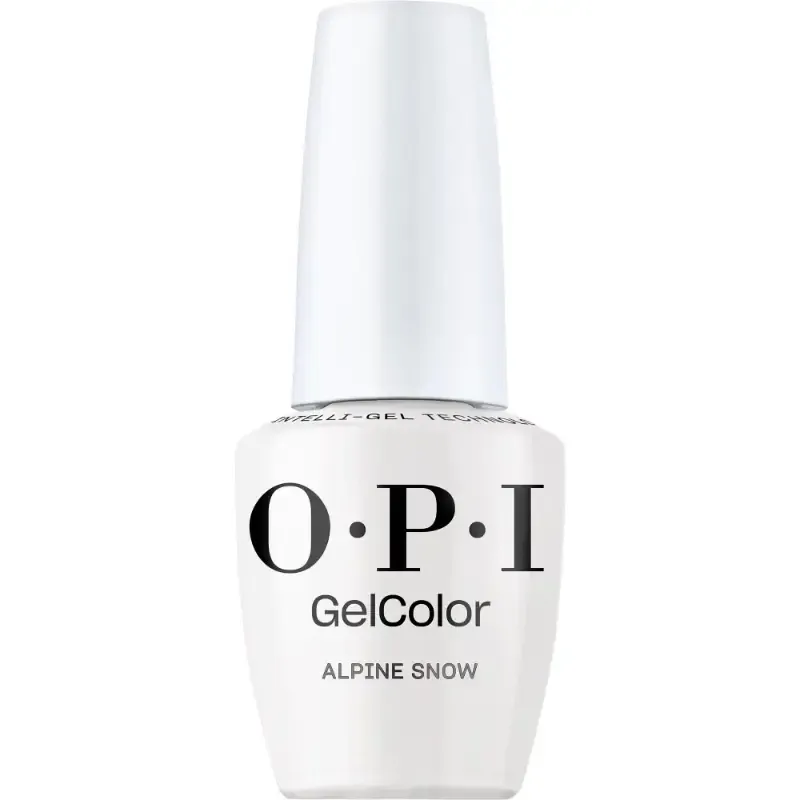 OPI Alpine Snow vernis gel blanc avec finition brillante. Vernis semi-permanent dans une teinte blanche éclatante et classique avec une finition brillante.