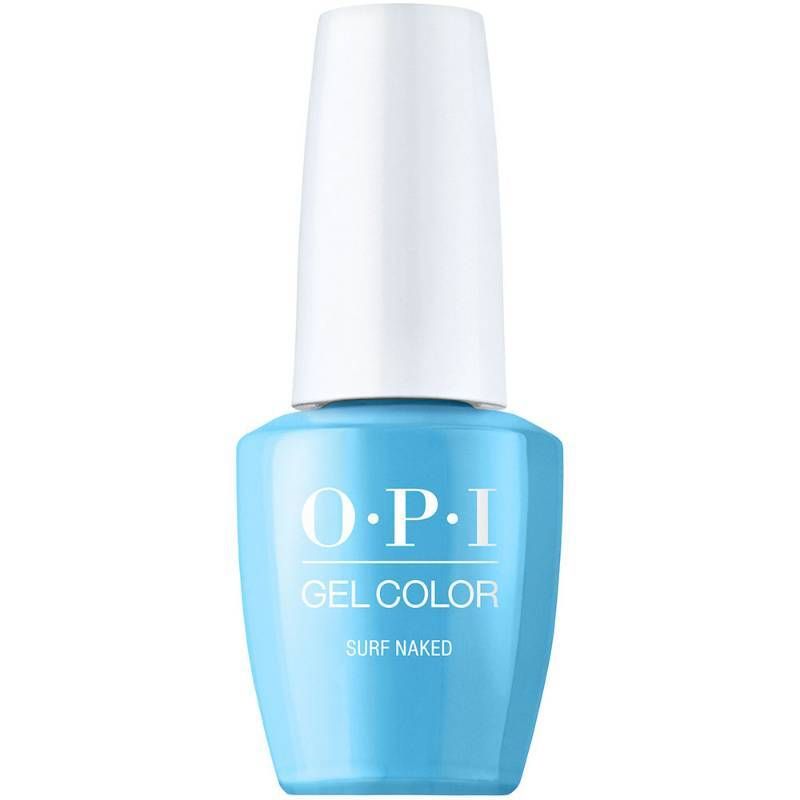 Vernis gel OPI Surf Naked, couleur bleue avec finition scintillante, gel parfait pour une manucure rafraîchissante et étincelante.