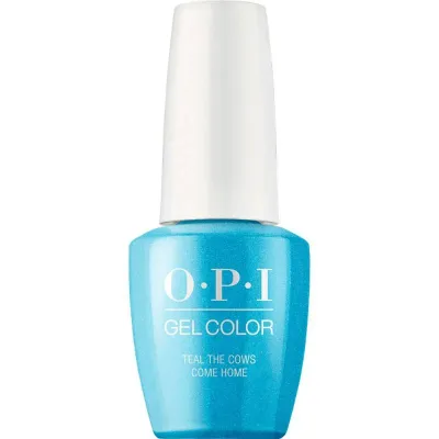 OPI Teal the Cows Come Home blue gel polish with metallic finish. Semi-permanent nail polish in a rich, sparkling blue shade with a metallic shine. Perfect for a bold and striking look.