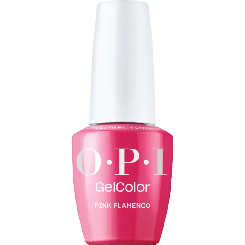 OPI Pink Flamenco pink gel polish with glossy finish. Semi-permanent nail polish in a vibrant, bold pink shade with a luxurious shine, perfect for a refined and energetic look.
