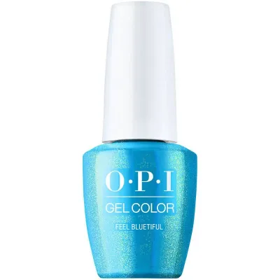 OPI Feel Bluetiful blue gel polish with shimmer finish. Semi-permanent nail polish in a vibrant, sparkling blue shade with subtle shine. Perfect for a fresh and captivating look.