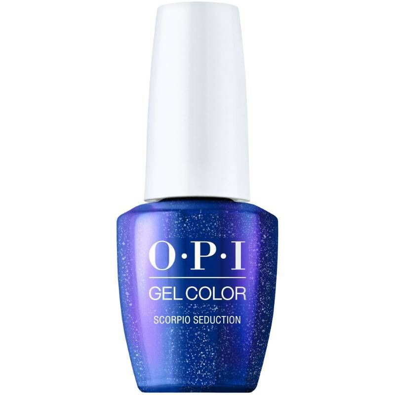 OPI Scorpio Seduction blue gel polish with shimmer finish. Semi-permanent nail polish in an enchanting blue shade with sparkling shimmer.