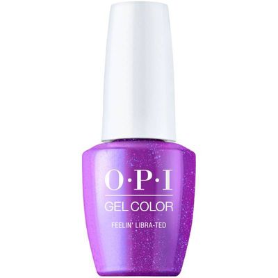 OPI Feelin' Libra-ted purple gel polish with shimmer finish. Semi-permanent nail polish in a rich purple shade with sparkling shimmer.