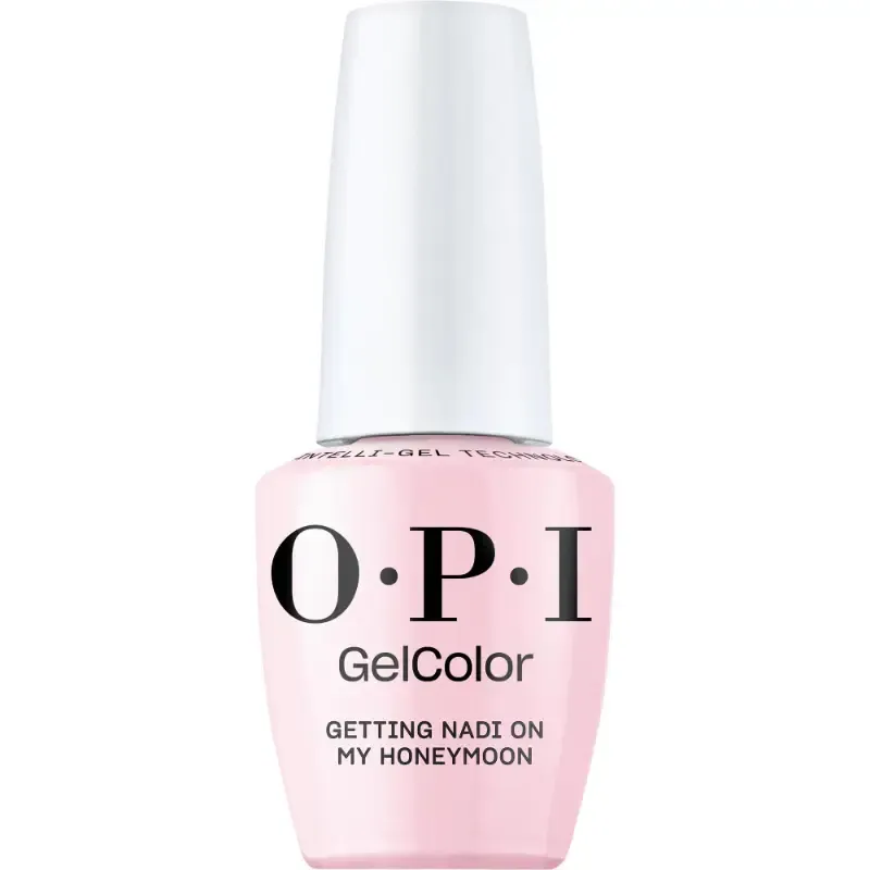 OPI Getting Nadi On My Honeymoon vernis gel rose avec finition brillante. Vernis semi-permanent dans une teinte rose douce et féminine avec une brillance éclatante, idéal pour un look élégant et romantique.