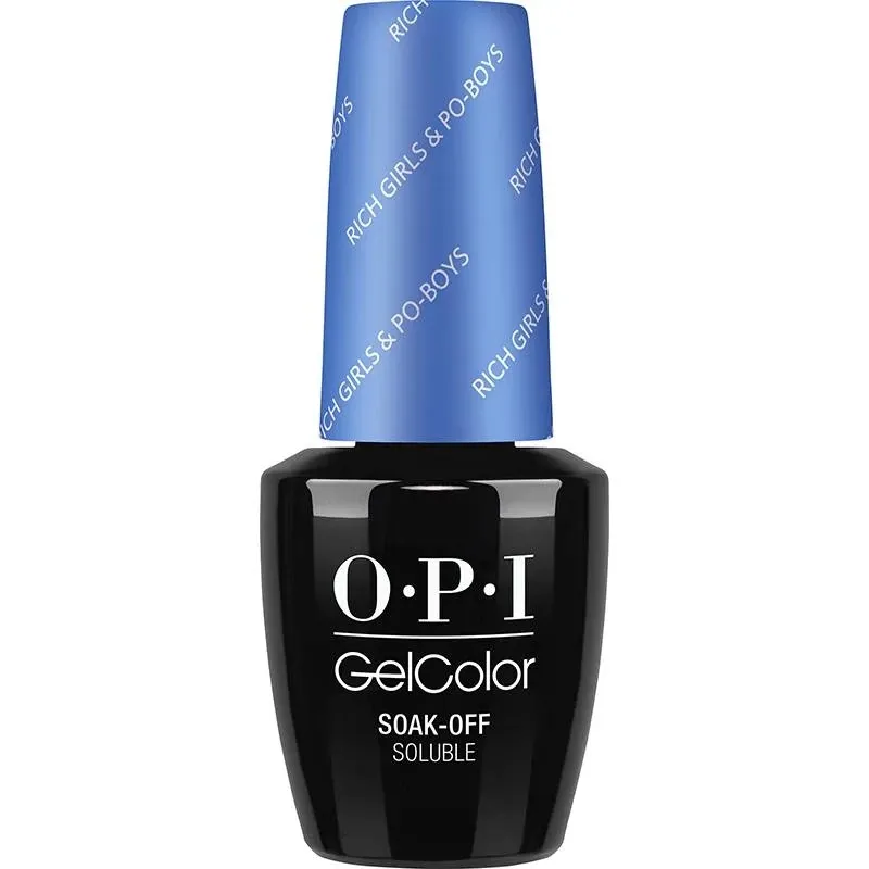 OPI Rich Girls & Po-Boys blue gel polish with a glossy finish. Semi-permanent nail polish in a bold, deep blue shade with a radiant shine. A chic choice for any occasion.