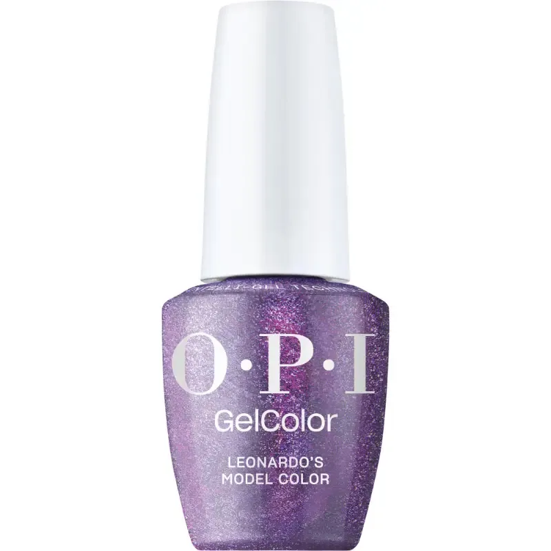 OPI Leonardo's Model Color purple gel polish with shimmer finish. Semi-permanent nail polish in an elegant purple shade with a subtle shine.