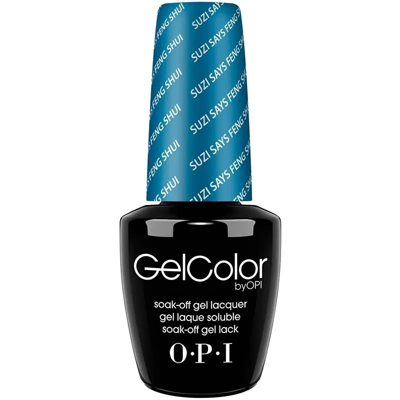OPI Suzi Says Feng Shui blue gel polish with glossy finish. Semi-permanent nail polish in a fresh, calming blue shade with radiant shine, perfect for a peaceful and balanced look.