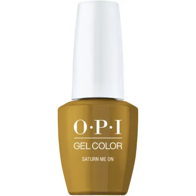 OPI saTURN Me On gold gel polish with metallic finish. Semi-permanent nail polish in a distinctive, refined gold shade with a metallic sheen, perfect for a stylish and unique look.