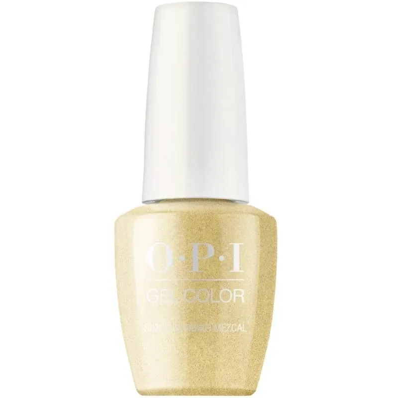 OPI Suzi’s Slinging Mezcal vernis gel doré avec finition métallique. Vernis semi-permanent dans une teinte or éclatante avec un effet métallisé sophistiqué. Idéal pour un look audacieux et glamour.
