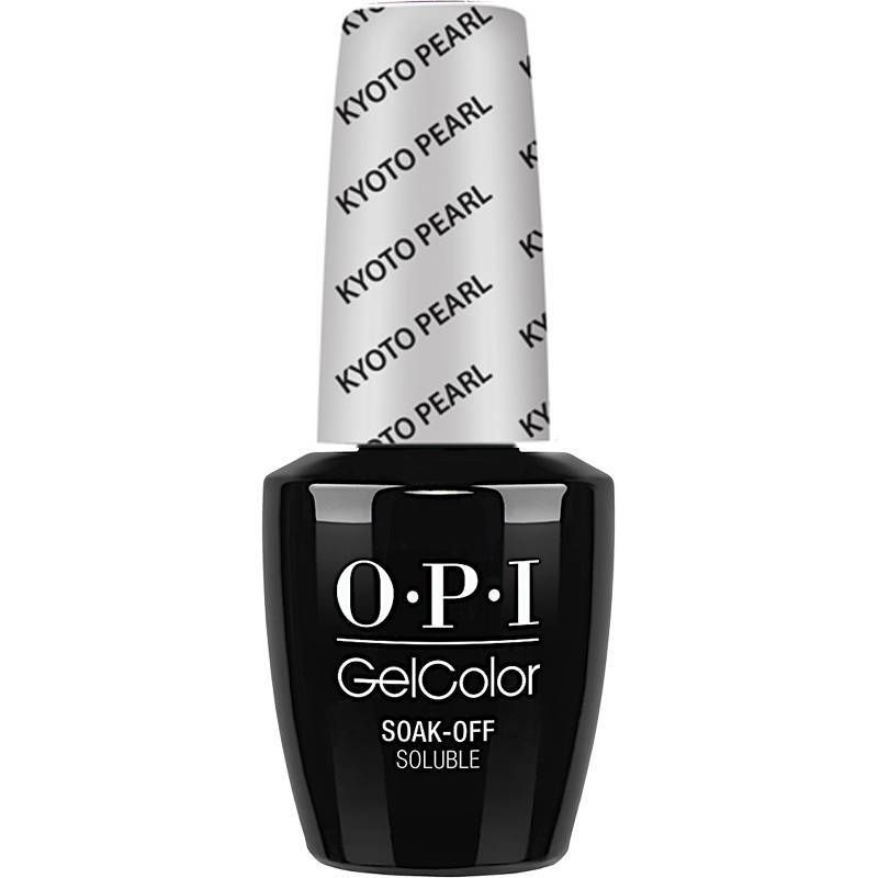 Vernis gel OPI Kyoto Pearl blanc avec finition métallique. Une teinte blanche nacrée et lumineuse avec un éclat métallique élégant, idéale pour un look d'ongles raffiné et éclatant.