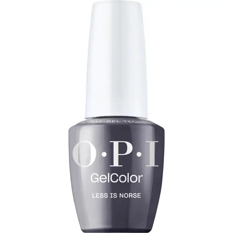 OPI Less is Norse blue gel polish with a glossy finish. Semi-permanent nail polish in a cool, deep blue shade with a glossy finish.