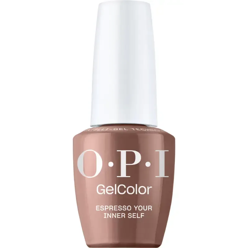 OPI Espresso Your Inner Self brown gel polish with glossy finish. Semi-permanent nail polish in a rich, deep brown shade with long-lasting shine. Perfect for a stylish and modern look.