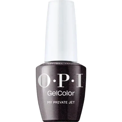 OPI My Private Jet brown gel polish with shimmer finish. Semi-permanent nail polish in a deep, elegant brown shade with subtle shimmer finish. Perfect for a chic and bold look.