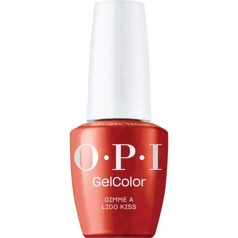 OPI gel polish Gimme a Lido Kiss, bold red color with a sparkling finish, perfect gel polish for a seductive and dazzling look.