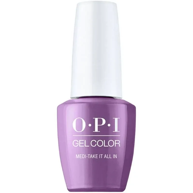 OPI Medi-take it all in purple gel polish with glossy finish. Semi-permanent nail polish in a vibrant purple shade with a glossy finish, perfect for a bold and lively look.