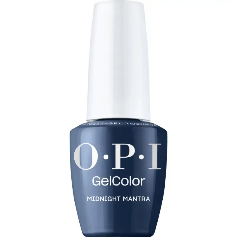 OPI Midnight Mantra dark blue gel polish with glossy finish. Semi-permanent nail polish in a deep, rich dark blue shade with a glossy finish, perfect for a refined and elegant look.